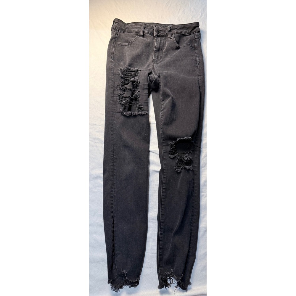 American Eagle Next Level Stretch High Rise Jegging Black Raw Hem Jeans‎ Size 6